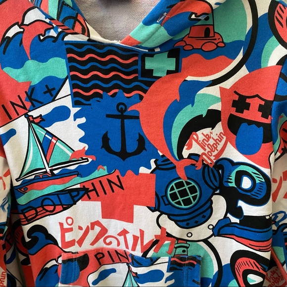 pink + dolphin graphic all over print hoodie sweatshirt womens medium - Picture 7 of 8